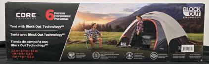 CORE Equipment 6-Person Block Out Technology Tent, 11x9 Ft, Fits 2 Queen Air Beds, Water Resistant, New In Box