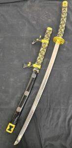 Japanese Katana Sword With Ornate Gold-Tone Dragon & Samurai Motif, Black Lacquered Saya