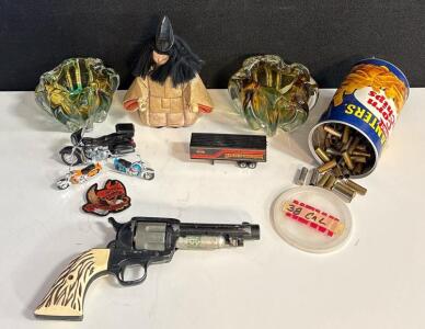 Vintage CO2 BB Revolver, Metal Frame, Plastic Faux Wood Grip, 6-Shot Cylinder, 1950s&ndash;1980s, 38 Cal Shell Casings & Various Home Decor