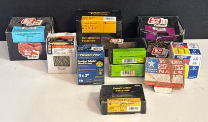 Assorted Construction Fasteners: Grip Rite Nails, Power Pro Screws, Romex Staples, Partial Boxes