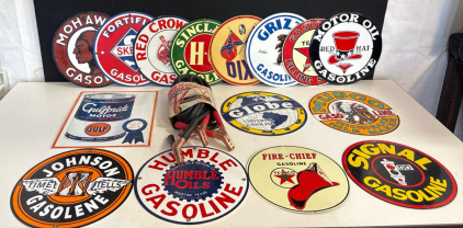 Vintage-Style Gas & Oil Sign Collection, 12" Reproduction Steel, 14 Brands, Bonus Jumper Cables