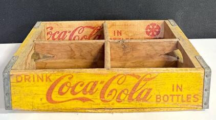 Vintage Coca-Cola Wooden Crate, 4 Compartments, Yellow With Red Lettering