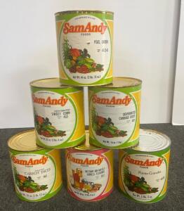 Vintage Sam Andy Emergency Food Storage Set &ndash; 6 Cans (#10) Peas, Corn, Carrots, Breakfast, More