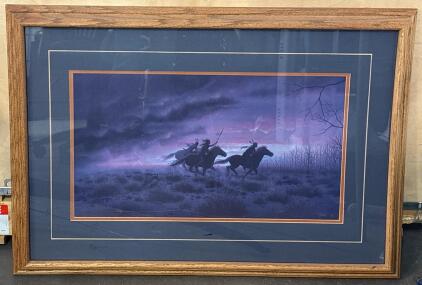 Framed Vernon Yost "Riding The Storm" Native American Art Print, 32"x24", Oak Frame, Double Mat