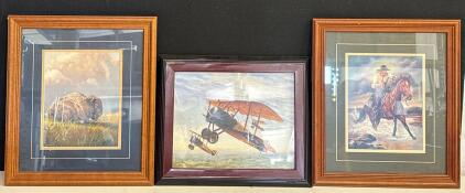 Stan Stokes Aviation Print, Bison Wildlife, Western Cowboy Art Prints, Matching Wood Frames (Set Of 3)