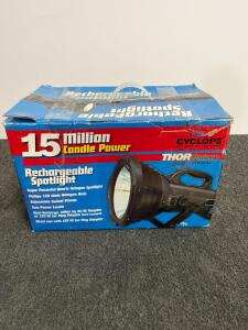 Cyclops Thor Platinum 15M Candlepower Rechargeable Spotlight, 130W Halogen, AC/DC Chargers, Manual, Missing Battery