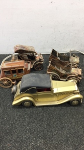 (3) Tin Toy Car Music Boxes (1) Wood Stage Coach (1) PSM Tin Rolls Royce model Car