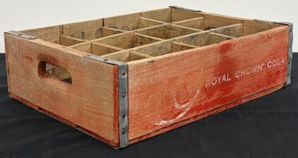 Vintage Royal Crown Cola Wooden Soda Crate With 16 Bottle Slots, Red/White Branding, Metal Reinforcements