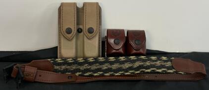 Desert Tan Double Magazine Pouch, Ruger Leather Single Mag Pouches, Woven Leather Gun Belt Set