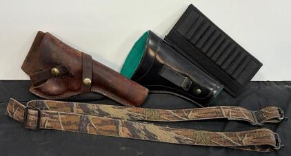 Vintage And Modern Firearm Accessories: Leather Holsters, Camouflage Sling, Ammo Carrier