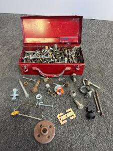Vintage Red Steel Toolbox With 75+ Mixed Hardware Bolts, Nuts, Specialty Fasteners