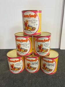 Vintage Sam Andy Dehydrated Food Set - 6 #10 Cans, Chicken & Beef Flavored Chunks & Crumbles, 1970s