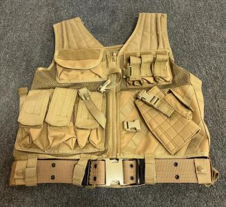 Tan Tactical MOLLE Vest With Integrated Belt And Multiple Pouches