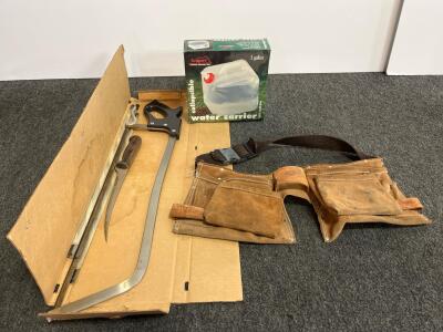 Carpenter&rsquo;s Leather Tool Belt, Texsport 5 Gal Water Carrier, Bow Saw Set & Fillet Knife