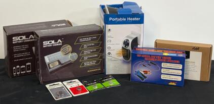 SOLA Solar Battery Charger, 12V Tester, 500W Heater, AAA & Coin Batteries