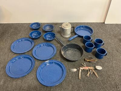 Blue Enamel Camping Cookware Set, 17-Piece, Coffee Percolator, 2 Fry Pans, Utensil Multi-Tools