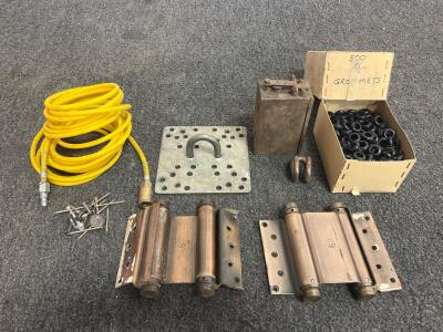 Large Mixed Lot&mdash;3 Double Action Hinges, Air Hose, 500 Grommets, Anchor Plate, Screws