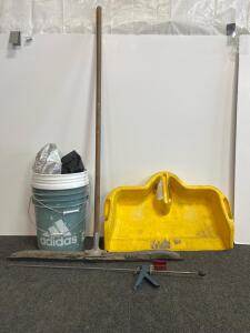 Construction Cleanup Tool Lot: Squeegee, Jobsite Debris Pan, 5-Gal Buckets, Grabber, Cover