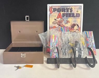 Power Rangers 1995 McDonald's Toys, Vintage Lockbox, Wall Rack & Sports Afield 1931 Sign