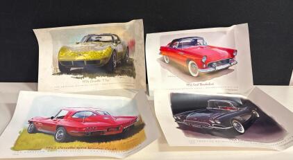 Set of 4 Bob Young American Motorcar Art Prints: 11"x17", Corvette & Thunderbird Series