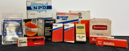 Vintage Automotive Electrical Parts Lot: Phillips Zero Start Heater, Autolite Spark Plugs, Sorensen Distributor Caps