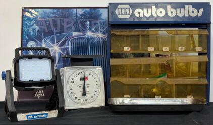Vintage Auburn Shop Poster, Part Organizer, Magnet Tray, Shop Light & Scale