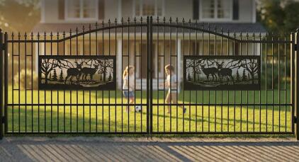 20FT Double Swing Driveway Gates, Galvanized Steel / Powder-Coated Finish - Deer Motif