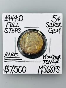 1944-D Jefferson Nickel 5&cent; Silver, MS68 Full Steps, Monster Toned, Denver Mint, Rare Gem