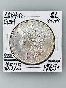 1884-O Morgan Silver Dollar $1, New Orleans Mint, MS65+ GEM, 90% Silver, 1.5" Diameter