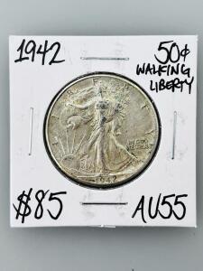 1942 Walking Liberty Half Dollar AU55 - 90% Silver, 12.5g, 30.6mm