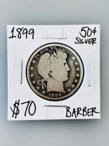 1899 Barber Half Dollar Coin, 90% Silver, Philadelphia Mint, Circulated Condition