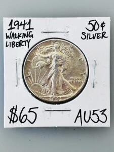 1941 Walking Liberty Half Dollar, AU53 Grade, 90% Silver, U.S. Mint