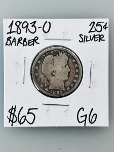 1893-O Barber Quarter, 90% Silver, New Orleans Mint, G6 Grade
