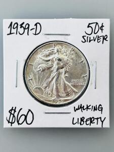 1939-D Walking Liberty Half Dollar, 90% Silver, Denver Mint, 50&cent; Coin
