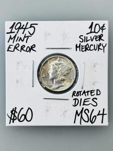 1945 Mercury Dime Mint Error, Rotated Dies, Silver, MS64, U.S. Coin