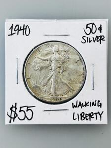 1940 Walking Liberty Half Dollar, 90% Silver, Circulated, US Coin
