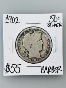 1902 Barber Half Dollar 90% Silver, Circulated, US Coin, Charles Barber Design