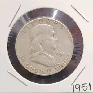 1951-S Franklin Half Dollar, 90% Silver, San Francisco Mint, Benjamin Franklin Design