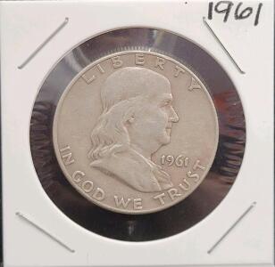 1961 Franklin Half Dollar 90% Silver Coin, Philadelphia Mint, Circulated, Liberty Bell Reverse