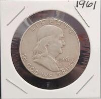 1961 Franklin Half Dollar 90% Silver Coin, Philadelphia Mint, Circulated, Liberty Bell Reverse