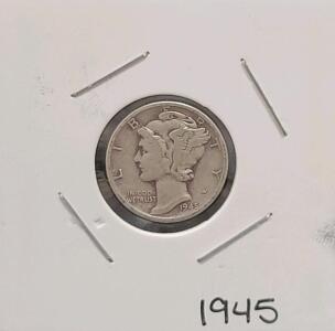 1945 Mercury Dime, 90% Silver, Liberty Winged Head, U.S. 10c Coin