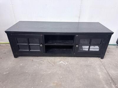 Black Wood TV Stand, Glass Doors, 2 Cabinets, 2 Open Shelves, 60"x18"x20"