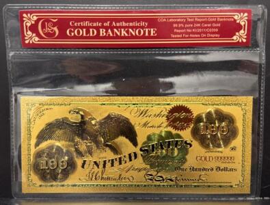 24K Gold-Plated 1863 $100 Spread Eagle Replica Banknote, COA, Serial GOLD 999999, JS Gold