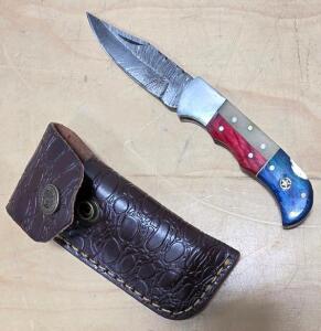 (1) Damascus Steel Pocket Knife With Wood And Resin Handle And Sheath