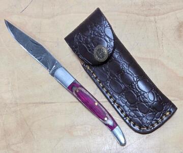(1) Damascus Steel Pocket Knife With Wood Handle And Sheath