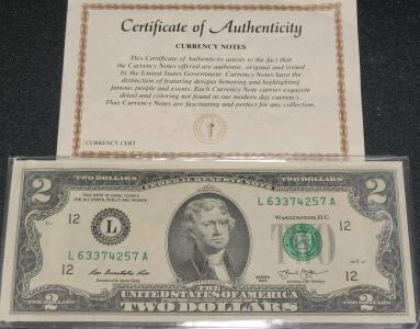 Rare 2013 $2 Federal Reserve Note Colorized Bald Eagle, COA, Uncirculated, L63374257A