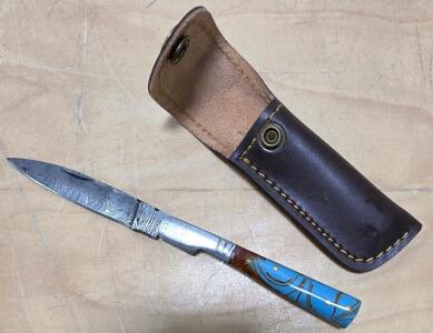 (1) Damascus Steel Pocket Knife With Resin Handle And Sheath