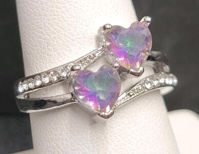 Mystic Rainbow Topaz Double Heart .925 Ring, Size 8