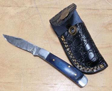 (1) Damascus Steel Pocket Knife With Wood Handle And Sheath