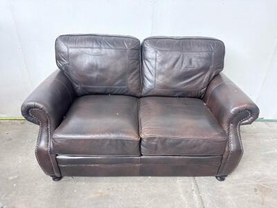 Dark Brown Leather Loveseat Sofa with Rolled Arms and Nailhead Trim